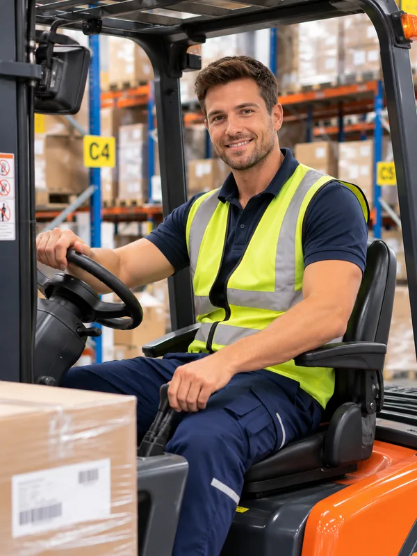 Staplerfahrer mit Warnweste auf einem Gabelstapler zwischen Hochregalen in einer Logistikhalle